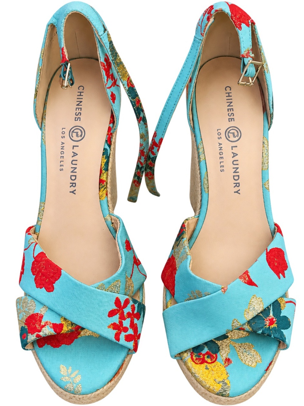 Chinese Laundry Floral Espadrille Wedge Sandals Turquoise Gold Size 10